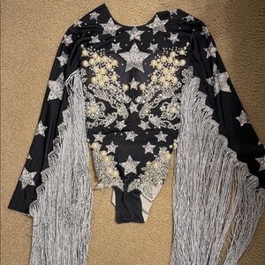 Black and Silver Star Embellished Women's Bodysuit with fringe sleeves.